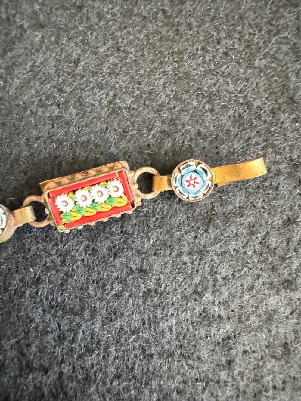 VTG Italian Micro Mosaic Link Bracelet Floral Millefiori Design Brass Tone - Picture 3 of 5